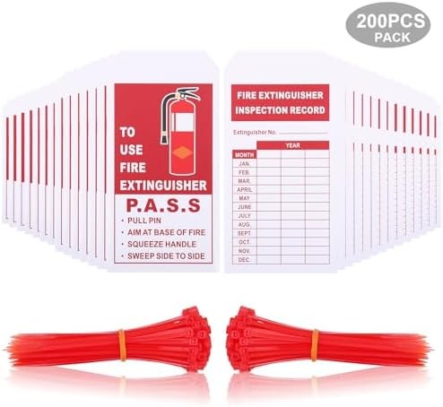 200 Sets Fire Extinguisher Inspection Tags with 200PCS Adjustable Zip Ties and 2