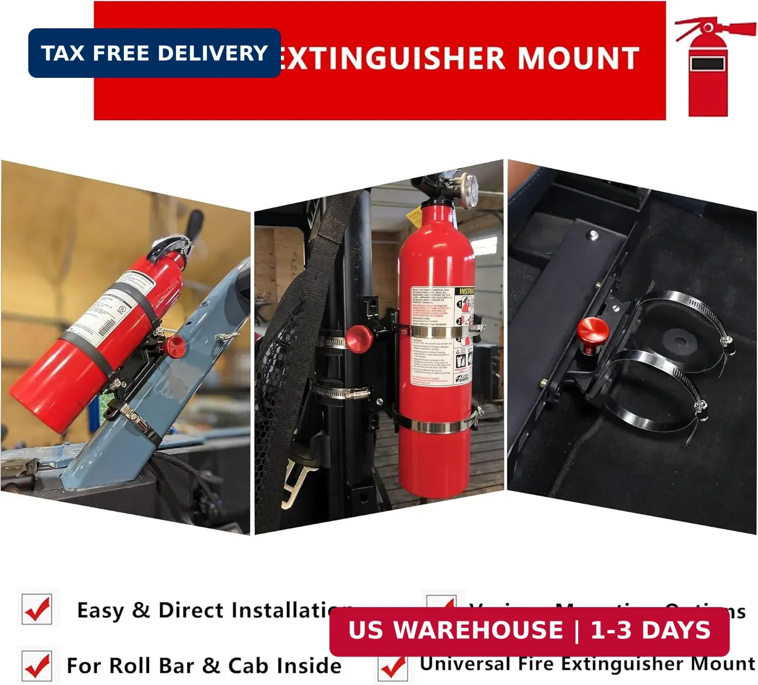 Quick Release Fire Extinguisher Mount – Aluminum Adjustable UTV Roll Bar Fire Ex