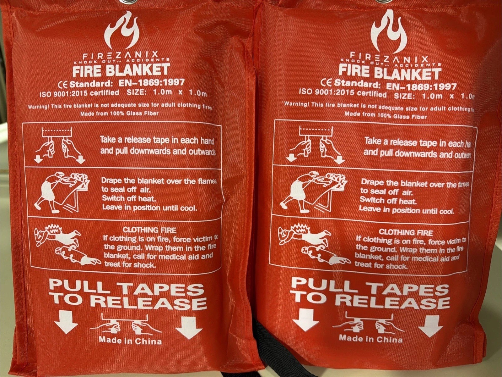 LOT Of 2 Fire Blanket 1m x 1m Fiberglass Emergency Kitchen Safety Certified