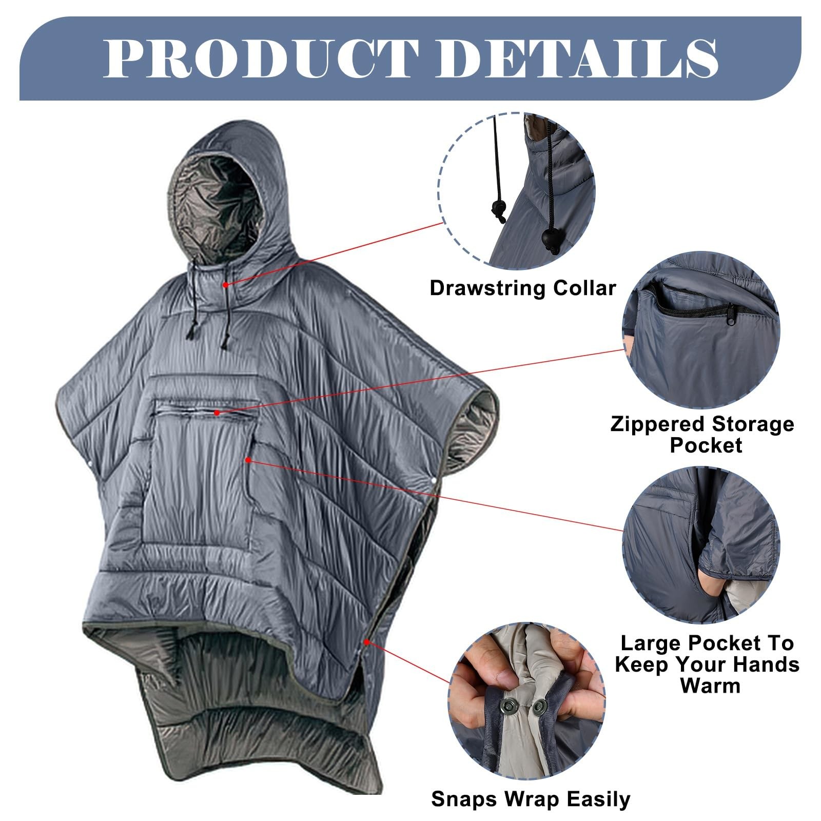 Outdoor Camping Blanket, 79” x 54” Winter Poncho Coat Warmth Small Quilt Bl…