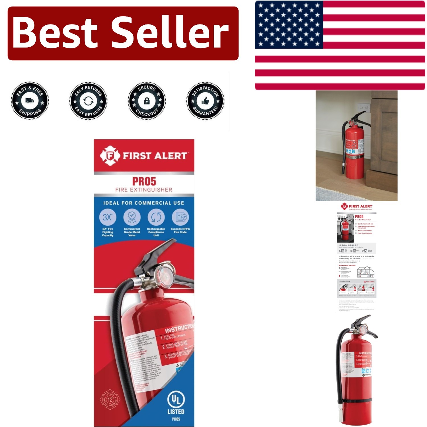 Heavy Duty Metal Fire Extinguisher – 3-A:40-B:C, Ideal for Home or Office