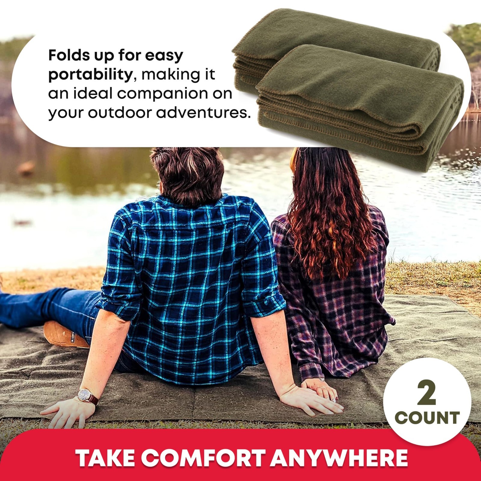 Warm Fire Retardant Survival Blanket 66″x90″ – Heavy-Duty Wool, 2 Pack – Camping