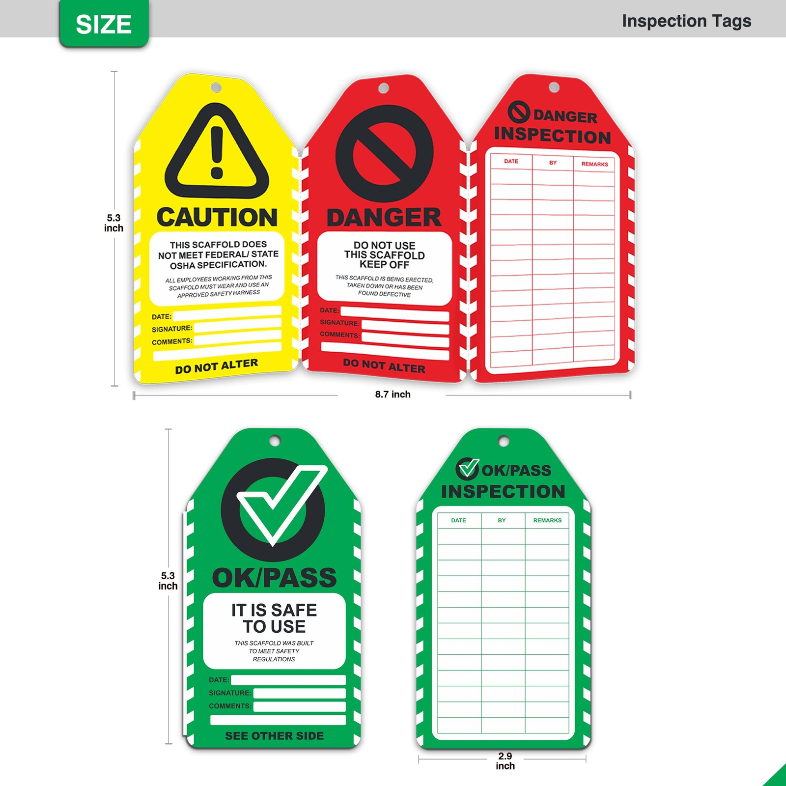 50 Pack Scaffold Inspection Tags, Never Tear, Waterproof, OSHA Compliant Cards