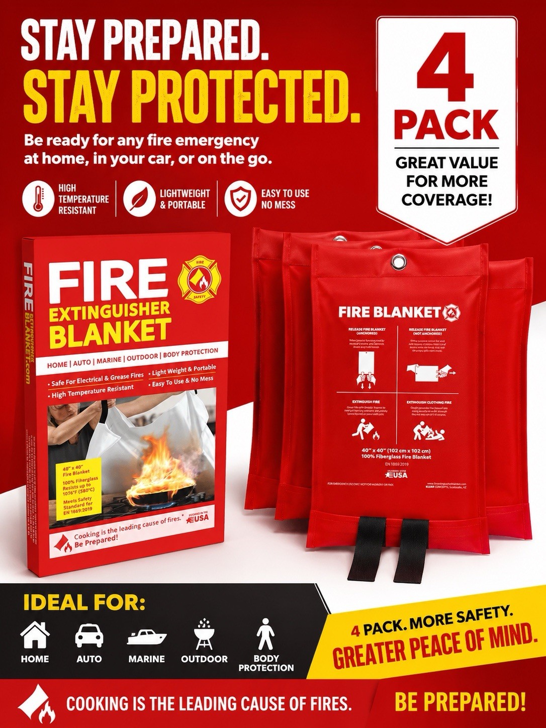 4 Pack 40×40 Emergency Fire Blanket Fiberglass Flame Retardant Kitchen Safety