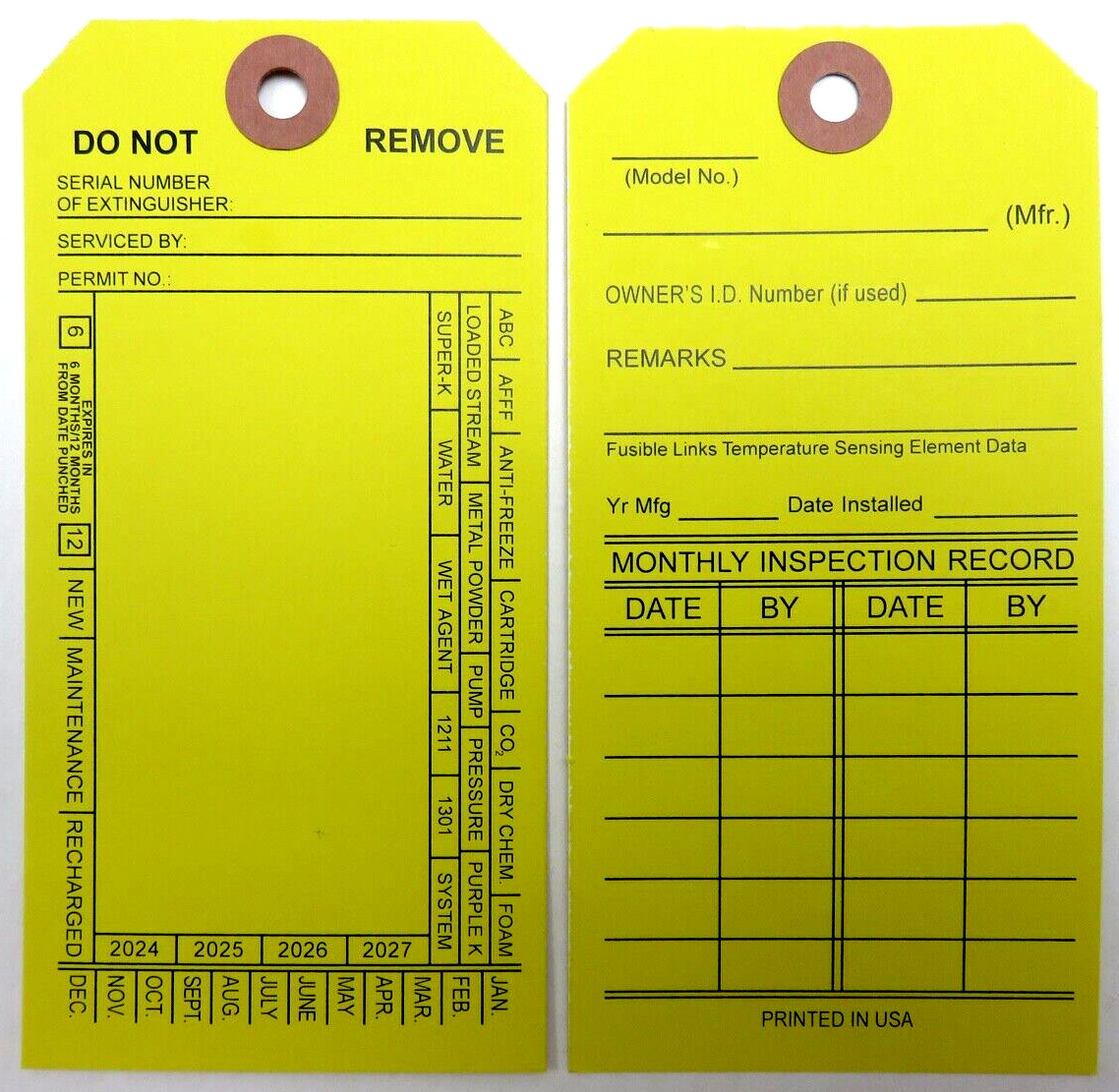 25-FIRE EXTINGUISHER 4-YEAR 2024-2027 INSPECTION Double Sided Tags 5 1/4″ X 2 ½”