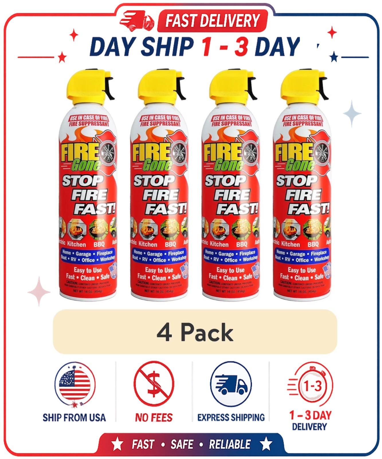 (4 pack) Fire Gone 16 oz Fire Extinguishing Spray – Aerosol Can -FFF-Foaming Age