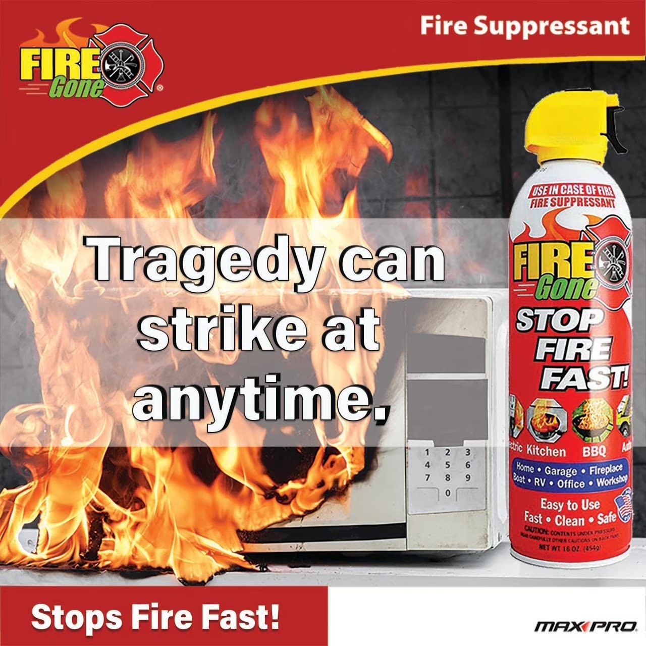 (4 pack) Fire Gone 16 oz Fire Extinguishing Spray – Aerosol Can -FFF-Foaming Age