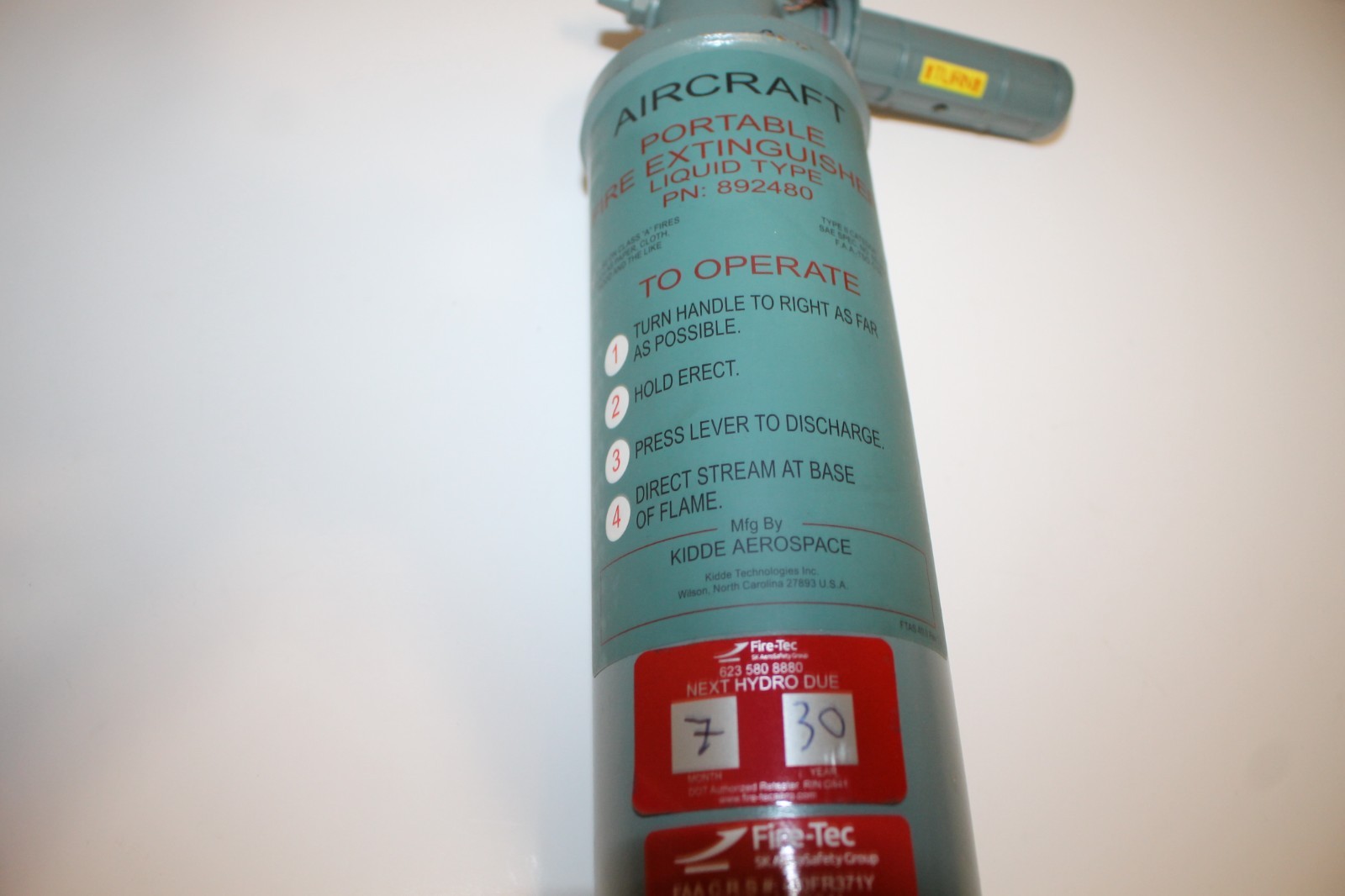 Kidde Aircraft Fire Extinguisher Part 892480 7/2030