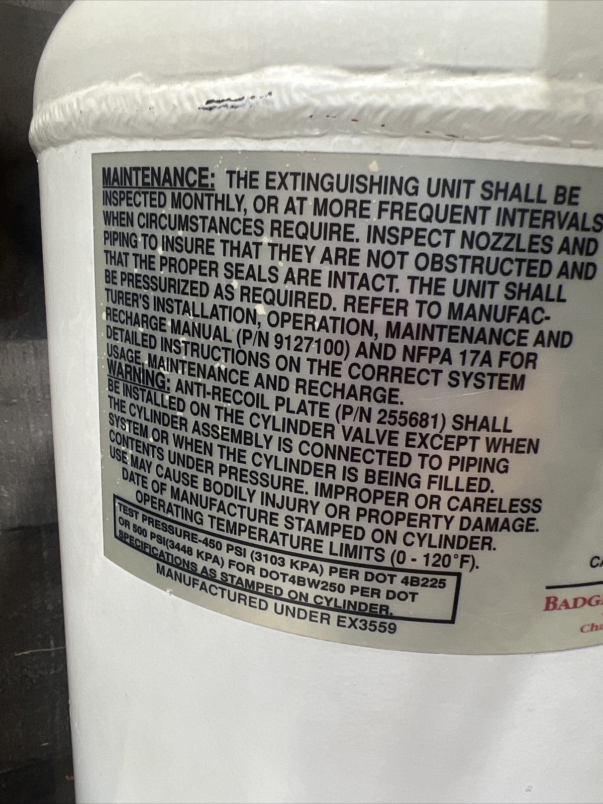 Badger Fire Protection Range Guard Wet Chemical Cylinder Model RG-2.5G. Used