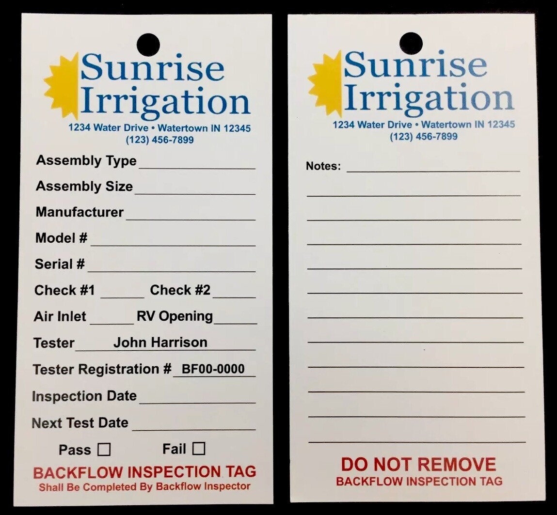 Backflow Inspection Tags – Custom Print – Waterproof – UV Resistant (Pkg of 100)
