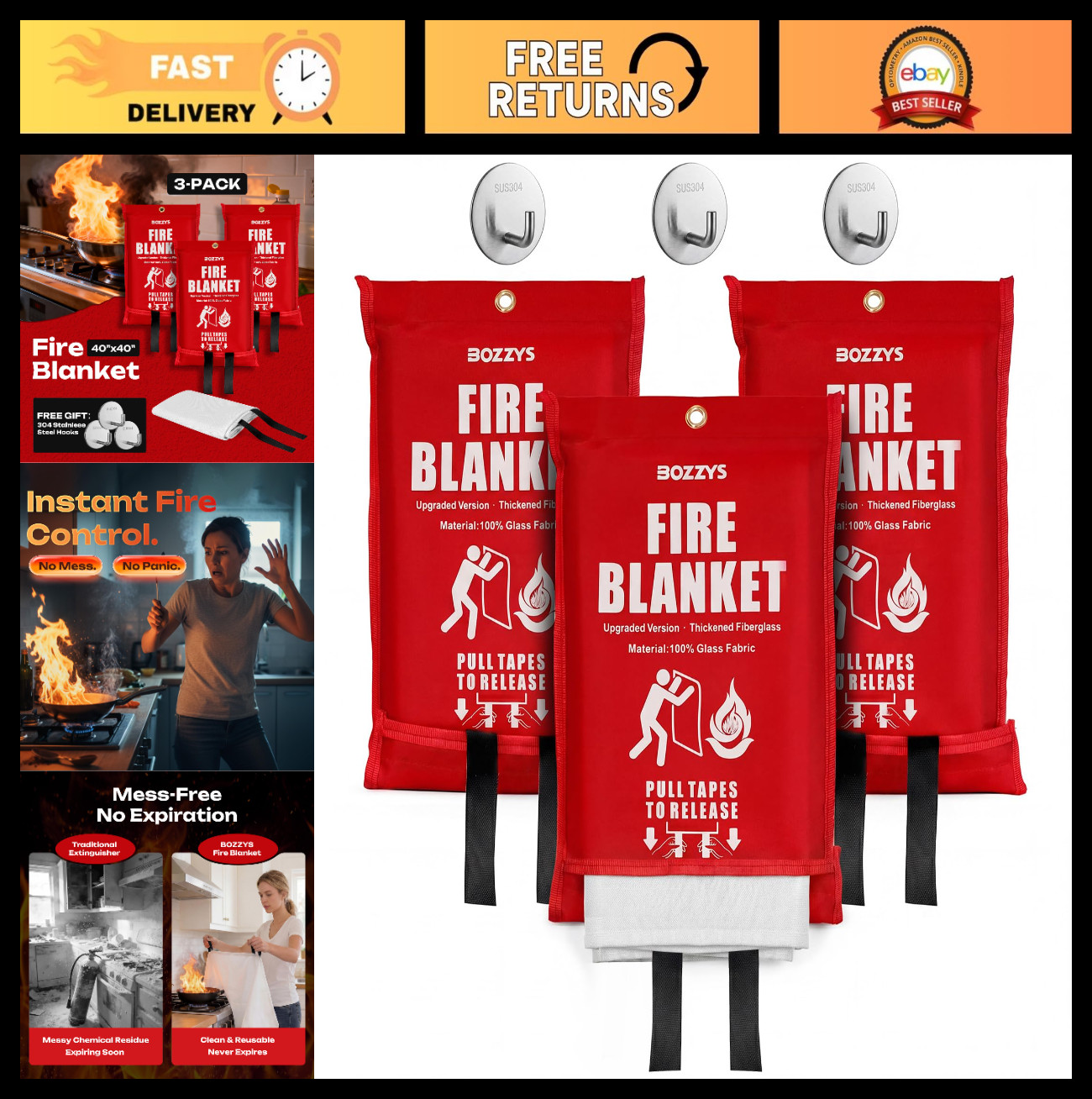 Emergency Fire Blanket 3-Pack | Fiberglass Fire Suppression 40″x40″ for Home & K
