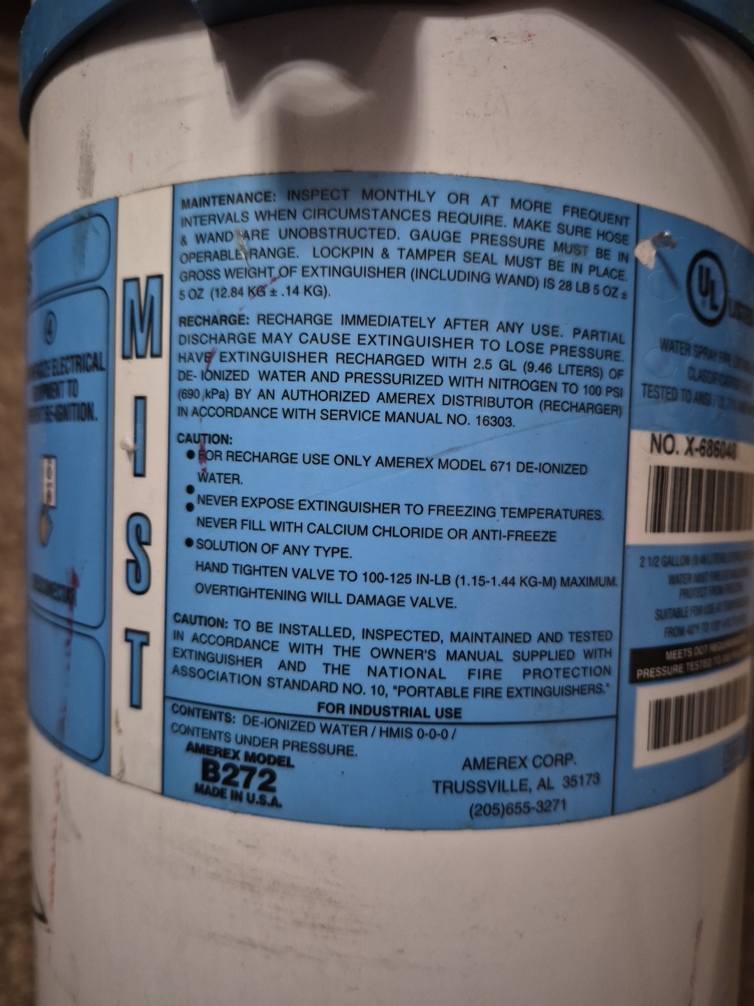 Amerex C272 2.5 Gal Water Mist Fire Extinguisher – 2A:C MRI Safe