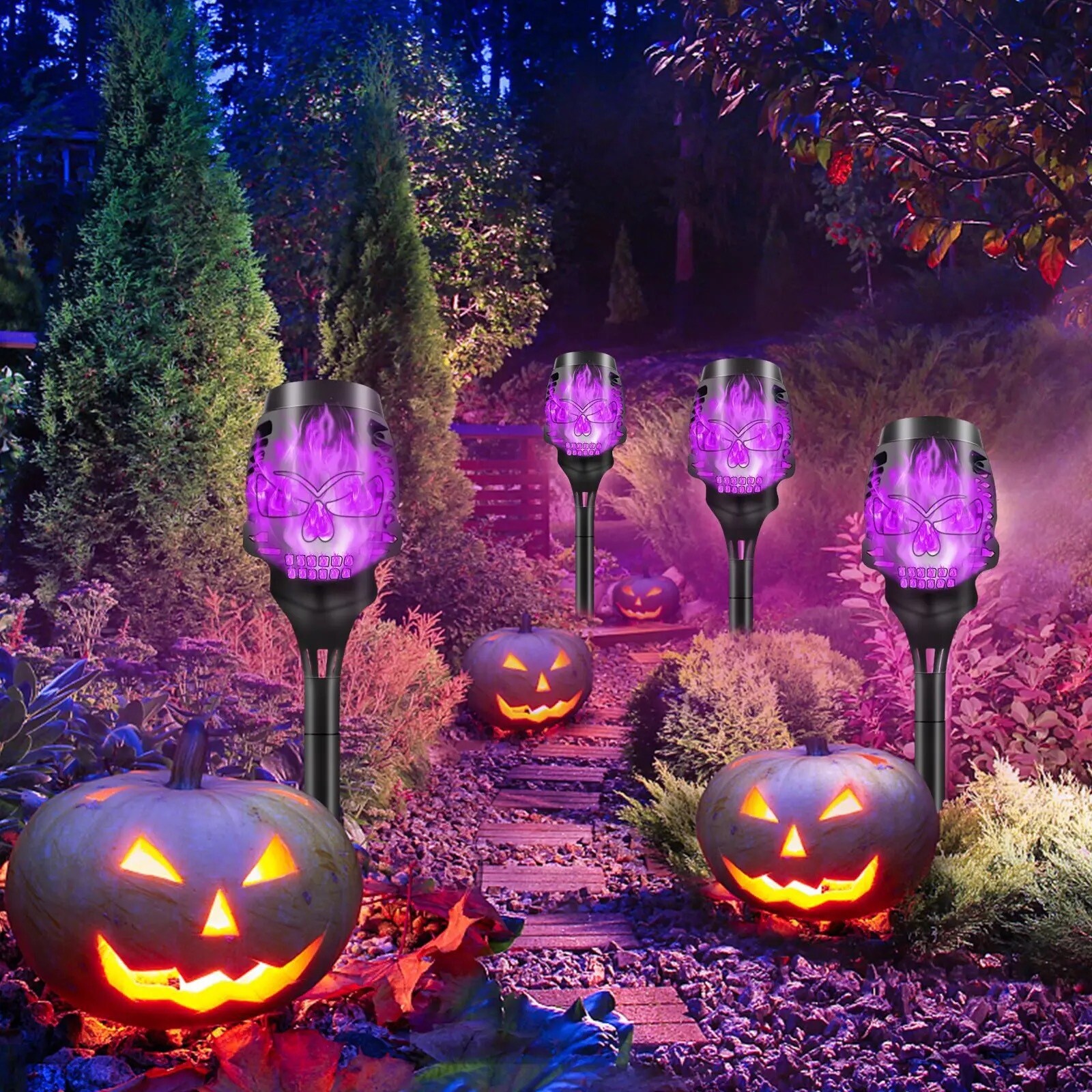 4-Pack Spooky Skulls Solar Torch Lights Flickering Flame Torches for Halloween