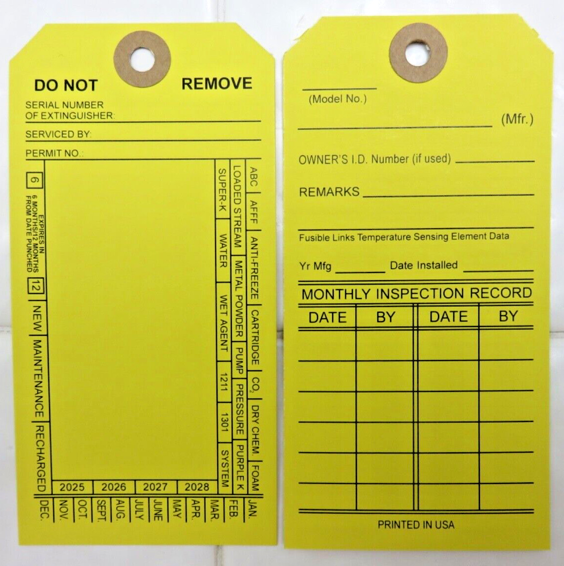 200-FIRE EXTINGUISHER 4-YEAR 2025-2028 INSPECTION Double Sided Tags 5 1/4 X 2 ½