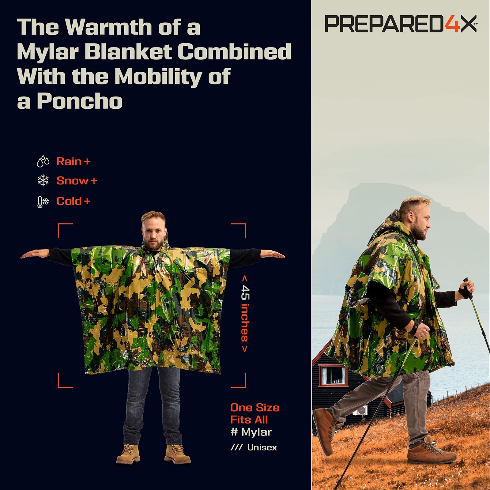 PREPARED4X Emergency Poncho with Mylar Blanket Liner – Heavy Duty Waterproof