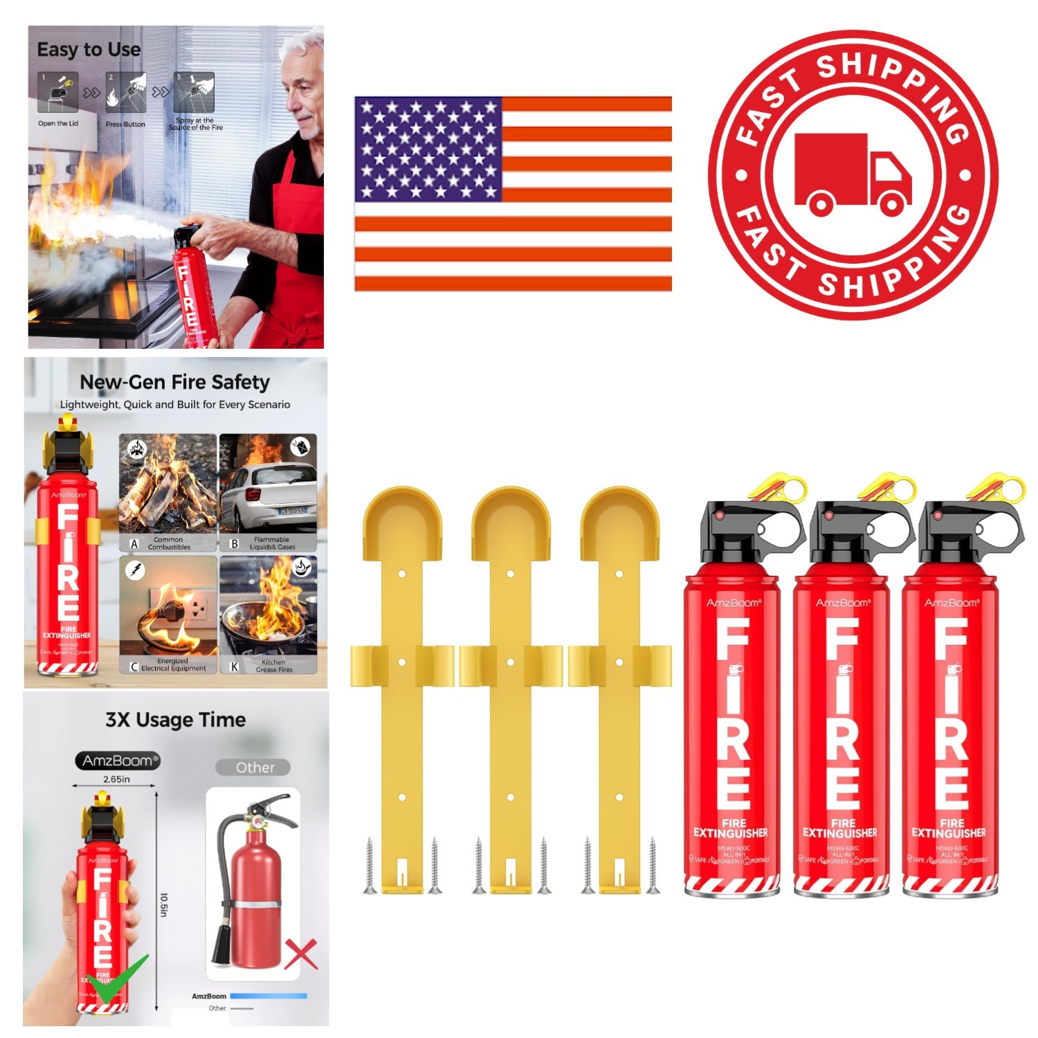 Multi Purpose Fire Extinguishers 3 Pack with Mounting Brackets for Easy Storage